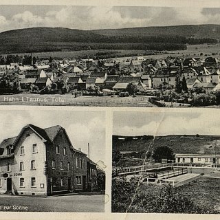 Bild1102 Postkarte "Hahn i.Taunus mit Gasthaus zur Sonne und den Schwimmbad